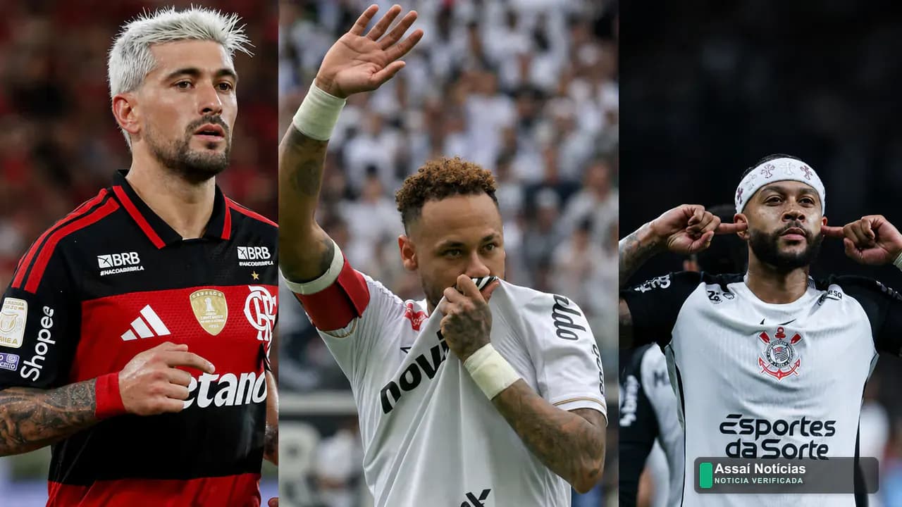 Jogadores de futebol em campo com referência ao Brasileirão e à Copa do Mundo de 2026