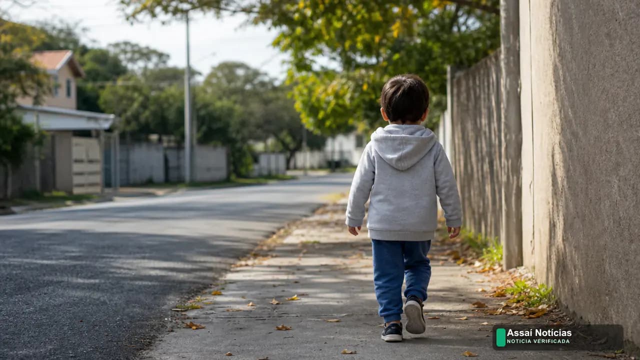 Criança pequena caminhando em frente a uma creche municipal