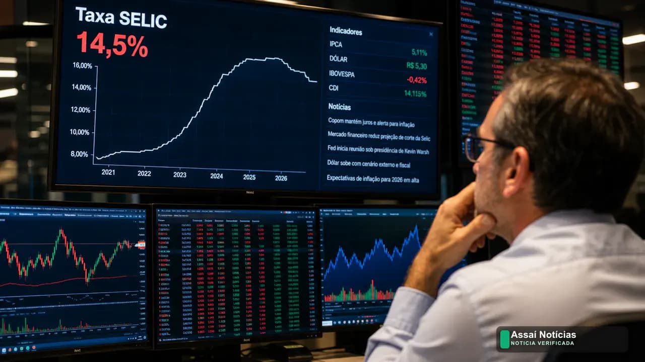 Painel de cotações na bolsa de valores destaca expectativa do mercado financeiro pela decisão do Copom sobre a Selic