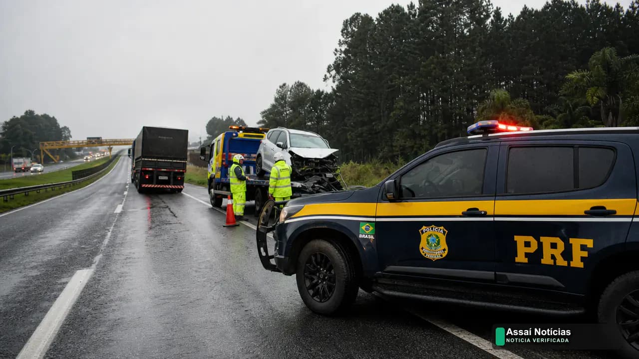 Equipes de resgate atendem acidente com caminhão, carro e moto na BR-277 em Campo Largo