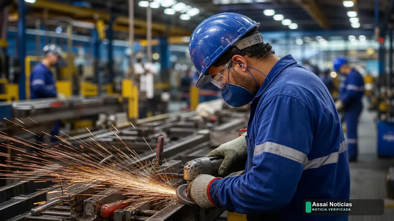 Painel com a variação do saldo de empregos formais no Brasil em abril de 2026 e destaque por setor.