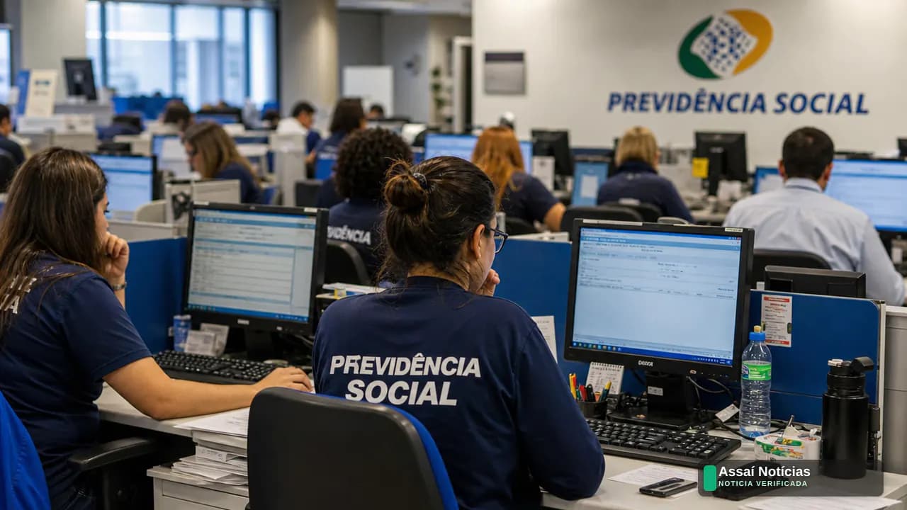 Servidor do INSS conferindo documentos com pilha de requerimentos sobre a mesa