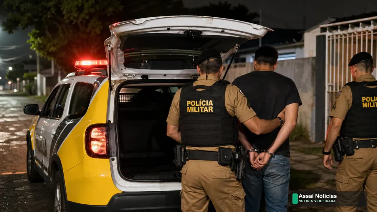 Policiais conduzindo homem preso em ocorrência de violência doméstica no bairro Aeroporto, Londrina