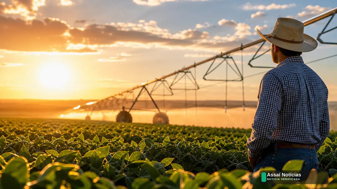 Produtor monitora sistema de irrigação em lavoura de grãos sob céu parcialmente nublado no Brasil