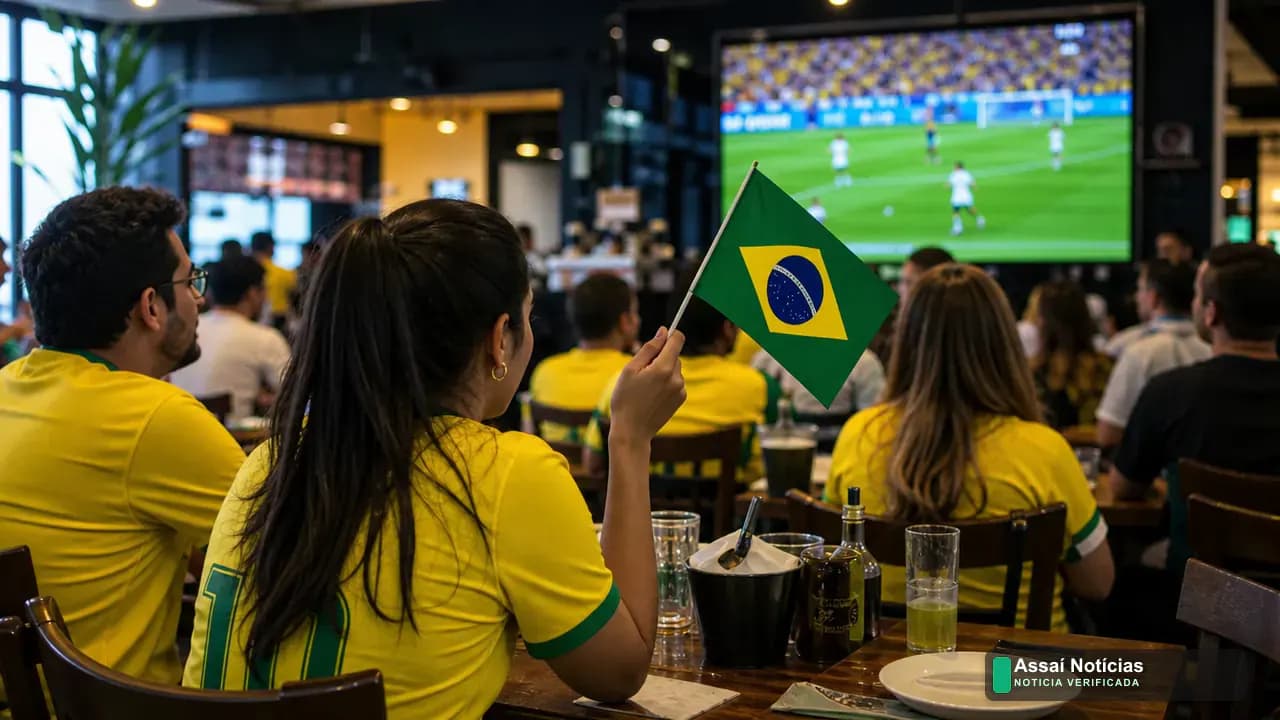 Fachadas e vitrines de comércio em Londrina com programação de jogos da Copa e movimento de público