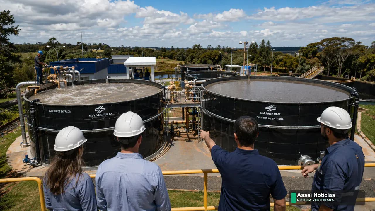 Estação de Tratamento de Esgoto recém-inaugurada em Quedas do Iguaçu com estruturas modernas e área verde ao redor