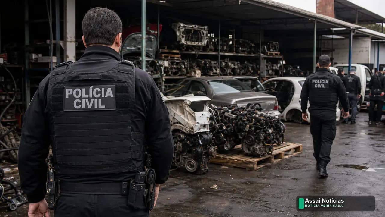 Viatura da Polícia Civil durante operação contra esquema de desmanche de veículos no Rio de Janeiro