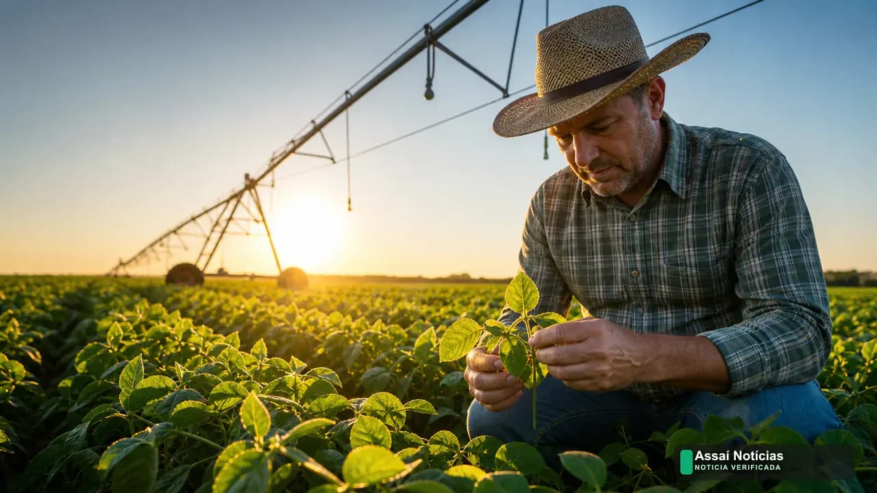 Produtor rural brasileiro observa lavoura ao entardecer, sinalizando expectativa pelo Plano Safra 2026