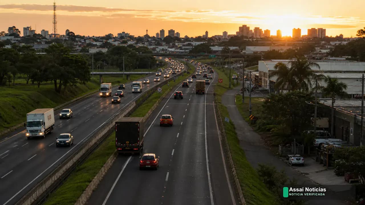 Viatura da Polícia Rodoviária em rodovia com tráfego ao fundo