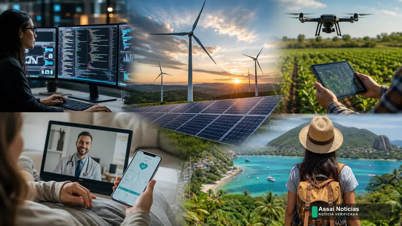 Ilustração com elementos de tecnologia, energia renovável e saúde representando setores em crescimento no Brasil