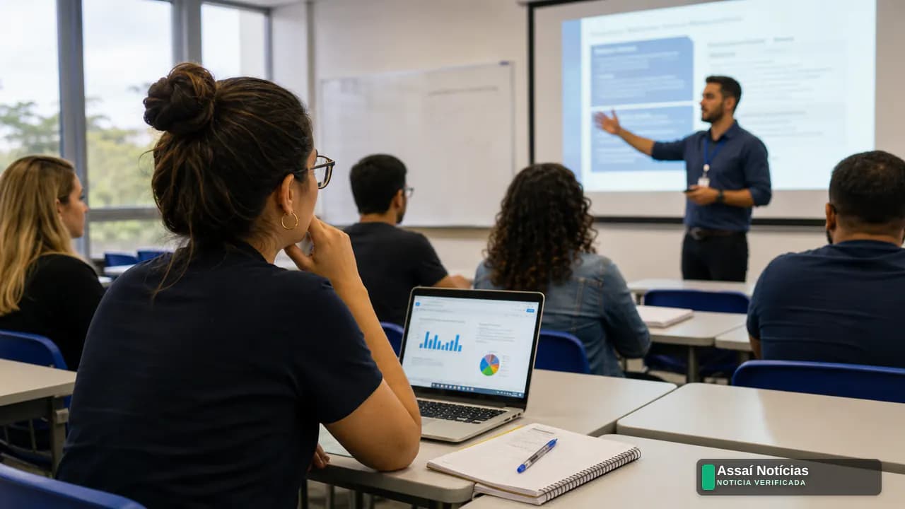 Empresários em sala de aula participando de curso de capacitação presencial em universidade paranaense