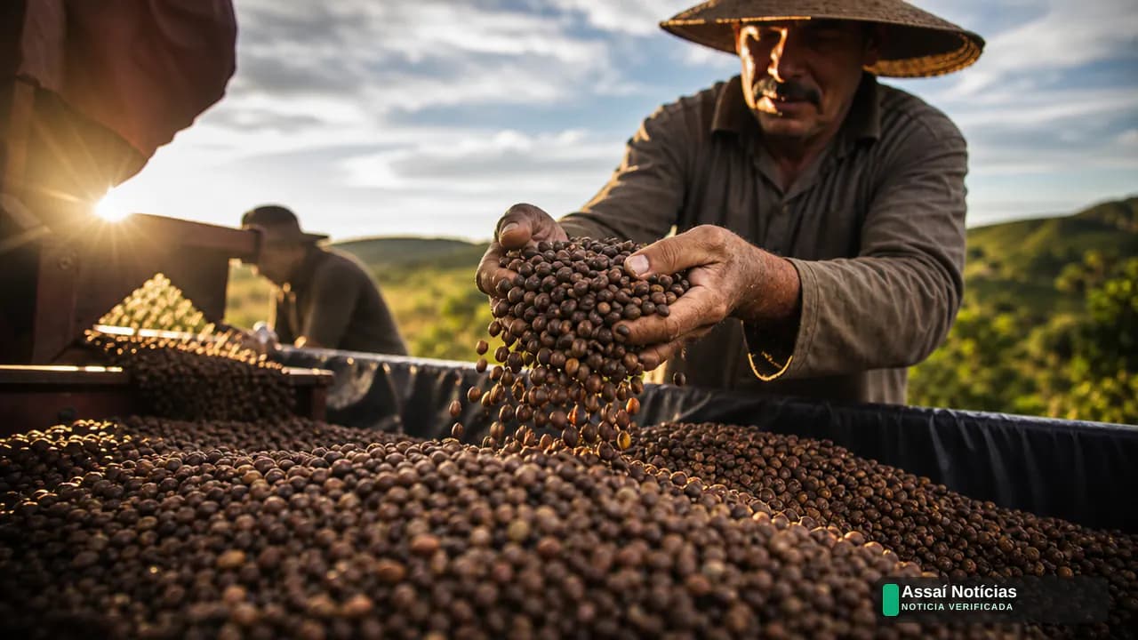 Colheita de café no Brasil com sacas em pátio e trabalhadores sob céu limpo